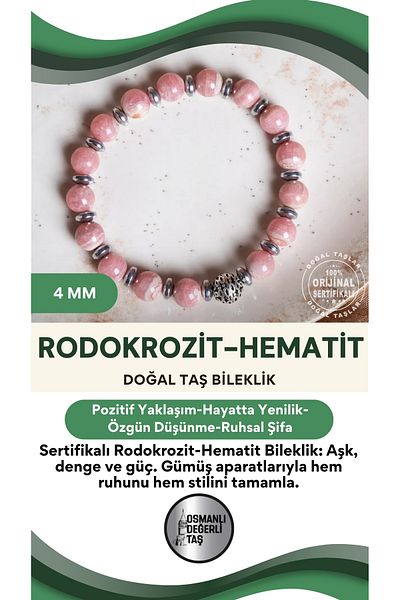 OSMANLI DEĞERLİ TAŞ Certified Rhodochrosite-Hematite Natural Stone Bracelet with Silver Apparatus