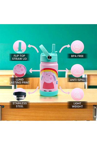 Bamboo Bark زجاجة مياه معزولة بغطاء ومقبض من Peppa Pig - ترمس مزدوج الجدار للماء الساخن والبارد