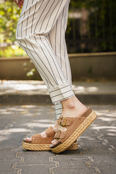 Marjin Women's Genuine Leather, Thick Straw, Sole Double Banded Studded Slippers Yakaf