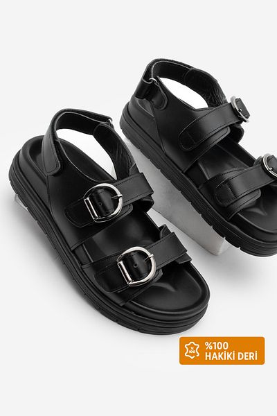 Marjin Women's Genuine Leather Strappy Back Velcro Thick Sole Daily Sandals Tupiza Black