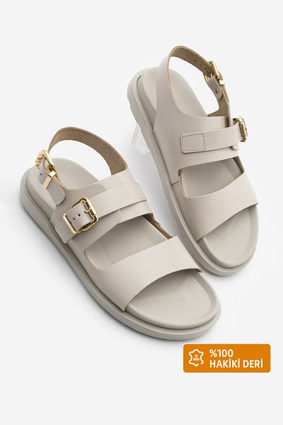 Marjin Casual Sandals - Ecru Lighted Sırif Leather Double Strap Ankle Strap Buckle