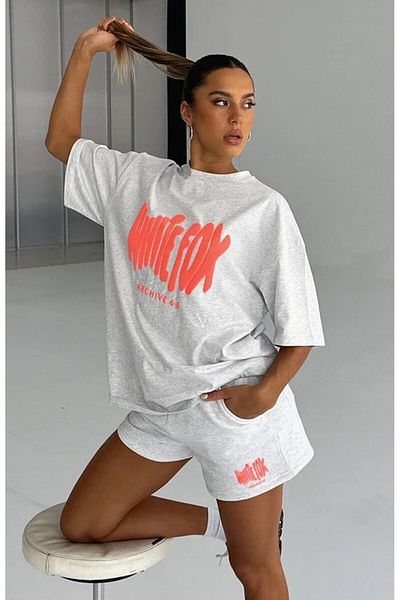 The Champ Clothing Women's Wf Orange Color Printed Relaxed Fit 100% Cotton Shorts T-Shirt Suit Gray Melange