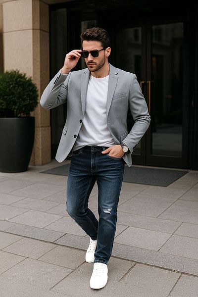 BANNY JEANS Мъжки дънки с разкъсани коляното, тъмносини