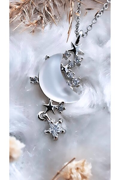 Serenity قلادة من الفولاذ بحجر الزركون الملون مع شكل نصف هلال