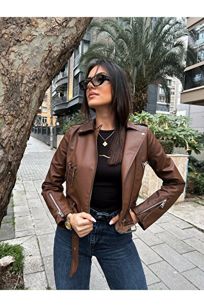 MEECY Γυναικείο Δερμάτινο Μπουφάν σε Καφέ