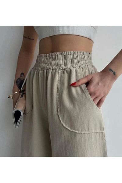 Qenz Παντελόνι Gabardine με φαρδύ πόδι συλλογής Cream
