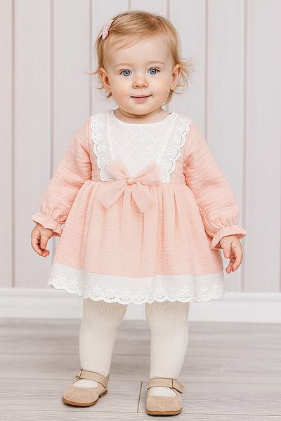 dinamik çocuk Baby Girl Lace Detailed Dress Tulle Bow Long Sleeve Seasonal 3-6-9-12-18-24Months