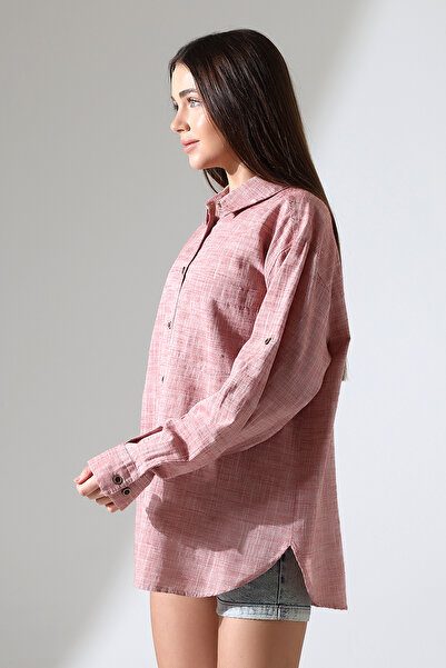 GÖMLEKÇİNİZ Women's Shirt Oversize Pattern Linen Fabric Applique Pocket Epaulet Women's Shirt