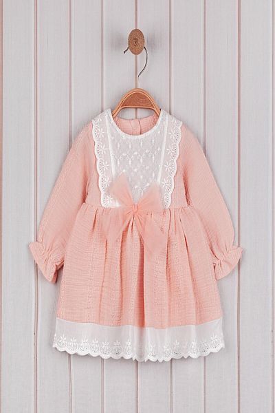 dinamik çocuk Baby Girl Lace Detailed Dress Tulle Bow Long Sleeve Seasonal 3-6-9-12-18-24Months