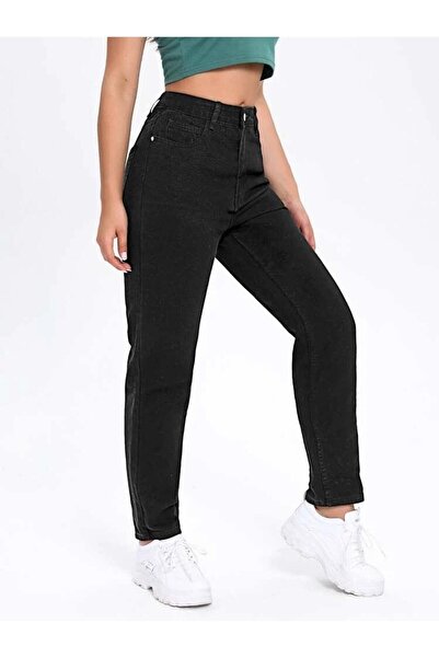 JILLY إيفا بلاك مام جان جينز بوي فريند عالي الخصر باللون الأزرق