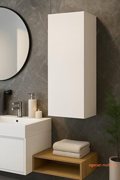 Egecan Mobilya Duvara Monte Tek Kapaklı 3 Raflı Banyo & Kiler Dolabı – Beyaz/suntalam, 85×30×30 cm