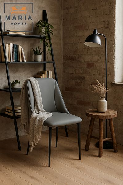 MARIA HOMES Elegant Grey Upholstered Dining Chair – Padded Faux Leather Seat With Black Legs For Home & Office