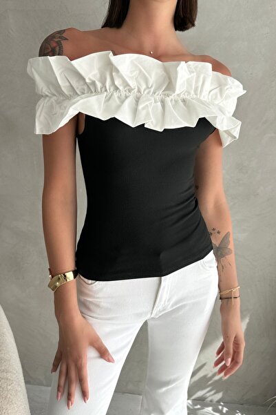 New Now Ruffled madonna collar bluz