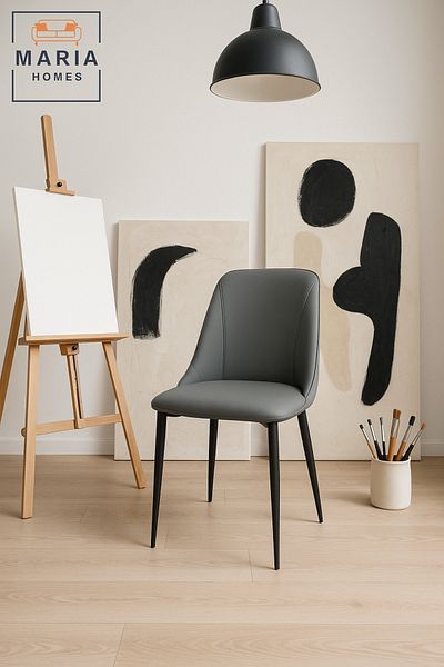 MARIA HOMES Elegant Grey Upholstered Dining Chair – Padded Faux Leather Seat With Black Legs For Home & Office