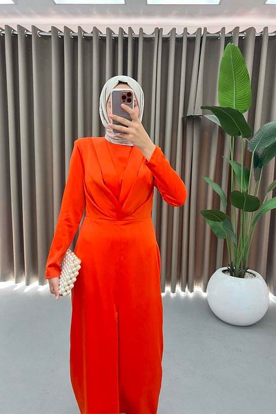 Puane Coral Satin Hijab Evening Dress - Pleat Detail
