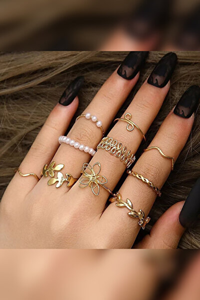 The Collection 10'lu Kombin Eklem Gold İncili Yüzük Set