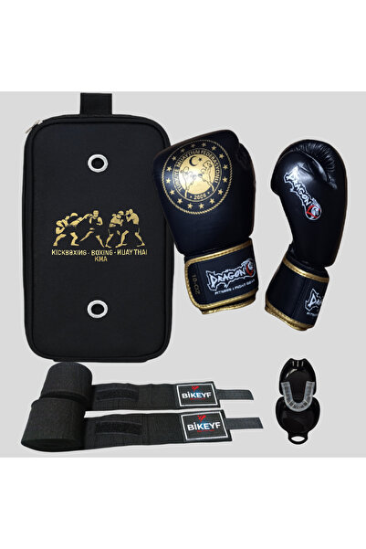 Dragondo Martina Boks Eldiveni + Bandaj + Dişlik 4'lü Set | Kickboks Muay Thai Antrenman Seti +BAG