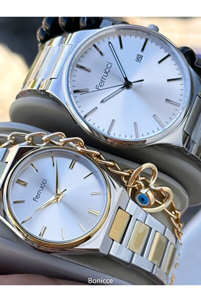 Ferrucci Marka Gümüş Sarı Renk Çelik Kordon,  Sevgili Çift Kol Saatleri + Tesbih Bileklik