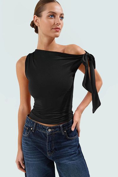 PayBuy Asymmetric Collar Tie Detail Fitted Knitted Blouse Summer Casual Long Lasting Quality Craftsmanship