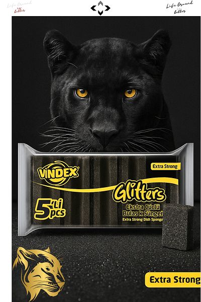 LİGROUND Extra Strong 5 Pieces Black Classic Dish Sponge Glitters Panthera Edition Dish Sponge