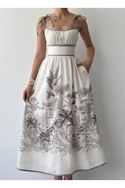 Julidress Μπεζ μοτίβο λουράκι με επένδυση Midi μήκους Premium λινό φόρεμα