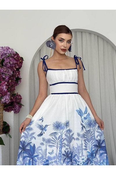 Julidress Blue Patterned Strap Lined Midi Length Premium Linen Dress