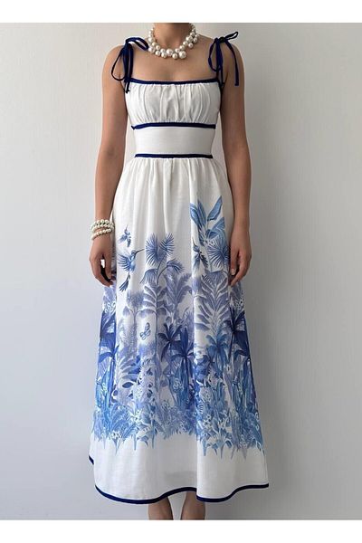 Julidress Blue Patterned Strap Lined Midi Length Premium Linen Dress