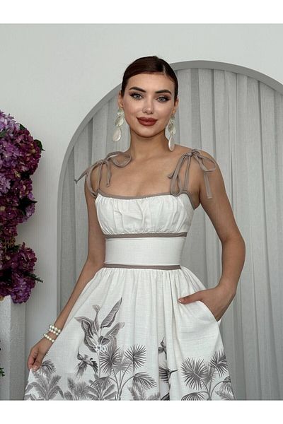 Julidress Μπεζ μοτίβο λουράκι με επένδυση Midi μήκους Premium λινό φόρεμα