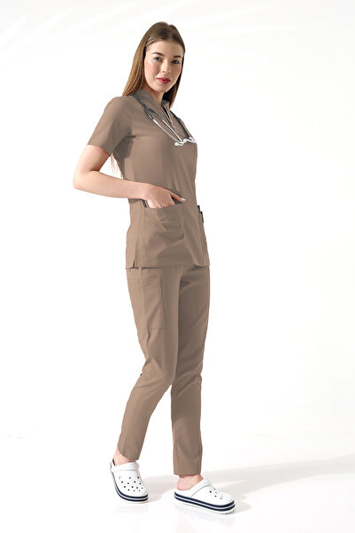 TİJA Bej Premium Flex Doktor Hemşire Üniforma, Nöbet Takımı, Likralı Scrubs