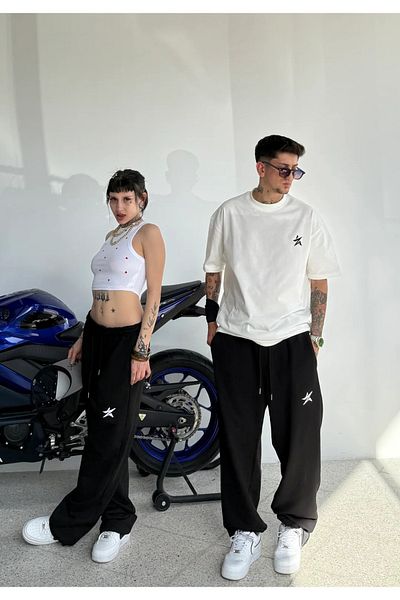 zaee Pantaloni de sport largi cu detaliu broderie cu stea de vară