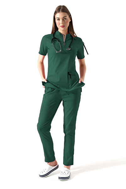 TİJA Koyu Yeşil Premium Flex Doktor Hemşire Üniforma, Nöbet Takımı, Likralı S...