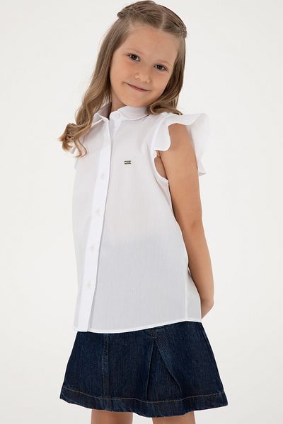 U.S. Polo Assn. Girl's White Ruffle Sleeve Detailed Cotton Shirt 50306617-Vr013