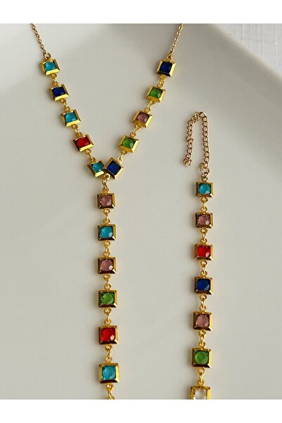 By Semra Paslanmaz Çelik Kare Zirkon Renkli Taşlı Gold Zincirli Y Kolye & Bileklik Seti