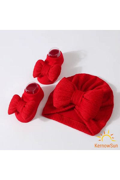 KERNOWSUN Set Turban Baby Girl with Bow and Non-Slip Booties, Red