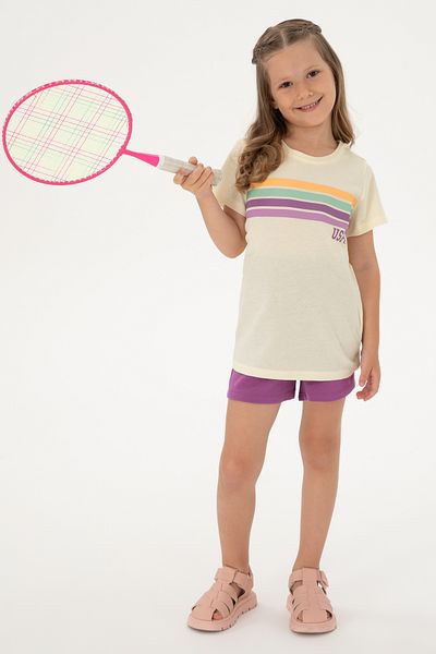 U.S. Polo Assn. Girl's Cream Crew Neck Colorful Line Printed Cotton T-Shirt 50306253-Vr071