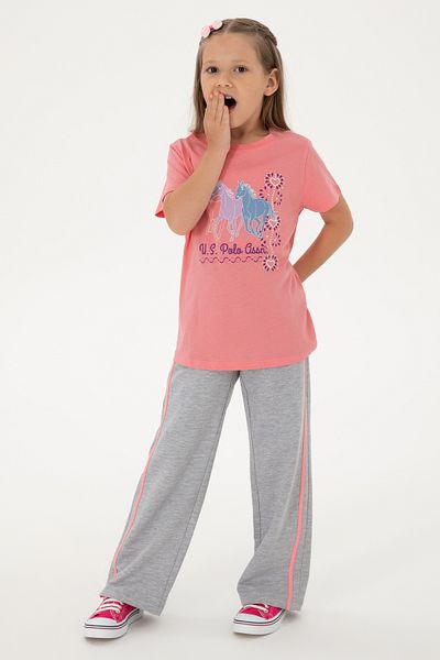U.S. Polo Assn. Girls Pink Crew Neck Horse Printed Cotton T-Shirt 50306200-Vr041