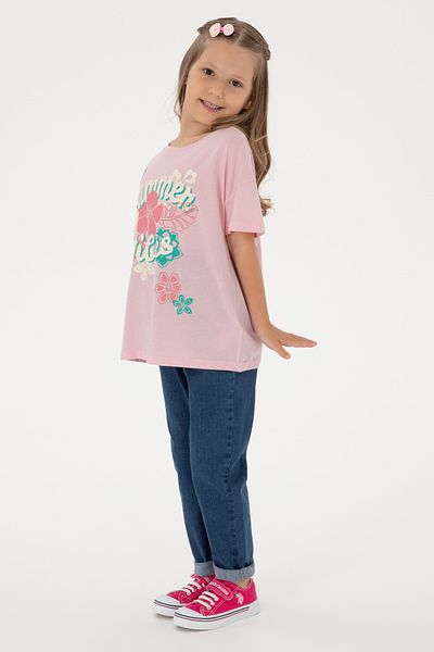U.S. Polo Assn. Girls Light Pink Comfort Fit Crew Neck Printed Cotton T-Shirt 50306203-Vr078