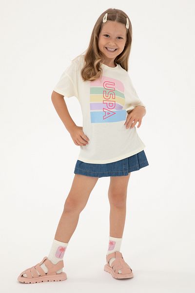 U.S. Polo Assn. Girls' Cream Comfort Crew Neck Colorful Line Printed Cotton T-Shirt 50306194-Vr071