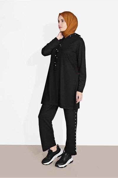 TRENDTESETTÜR Women's Black Pearl Detailed Hooded Tracksuit Set 4126