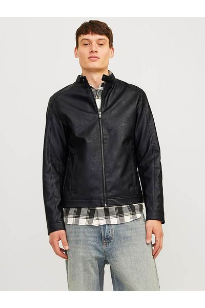 Jack & Jones JACK JONES Ανδρικό δερμάτινο μπουφάν Biker σε μαύρο χρώμα 12261195