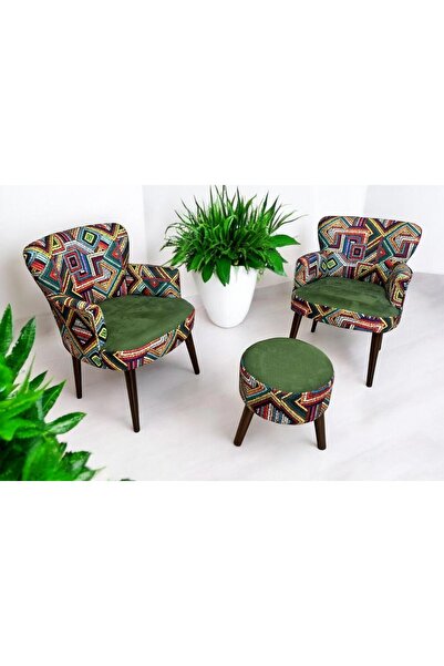 WATERYBROOK 3lü Koltuk Set - Tekli Koltuk Puf Seti - Berjer Tekli Koltuk - Dijital Baskı