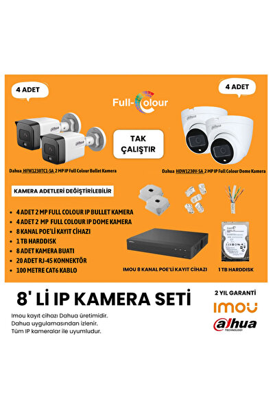 DAHUA 2 Mp 8'li Full Colour Ip Kamera Seti Tak Çalıştır