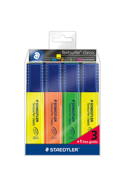 Staedtler 364-S Wp4P Textsurfer Classic Highlighter 4-Piece Blister (3 Colors 1 Color Without Cost)