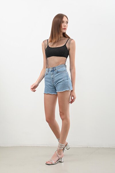 Bluewhite Kadın Yüksek Bel Püsküllü Açık Mavi Jean Şort