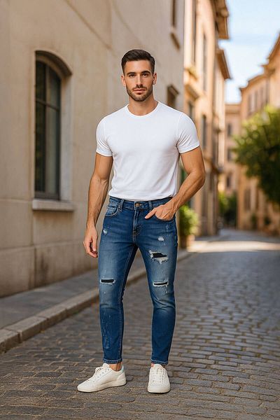 Bluewhite Ανδρικό Skinny Ripped Patch Λεπτομερές Jean Dark Blue