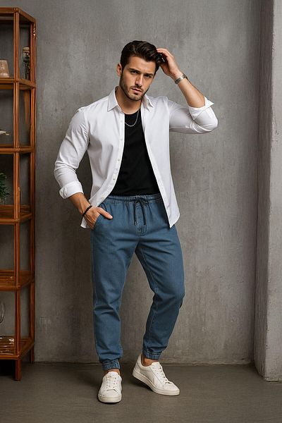 BANNY JEANS Мъжки джогър панталон с еластична талия, син