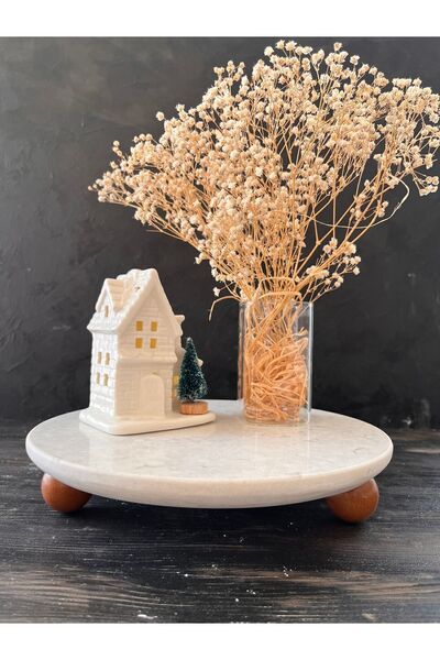 İDAY HOME Doğal Mermer Pasta Kek Standı, Ahşap Ayaklı Kek Standı, Mermer Sunumluk, Mermer Peynir Tabağı