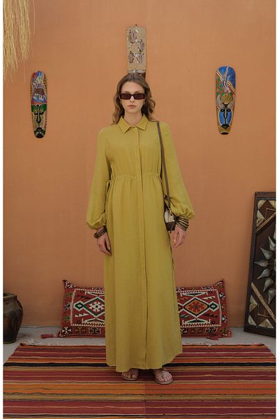 Fatma Atasoy Rochie Ferace verde ulei de muselină cu șnur în talie