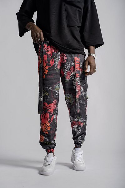 Superbluemexico Men's Patterned Belted Pocket Jogger Pants