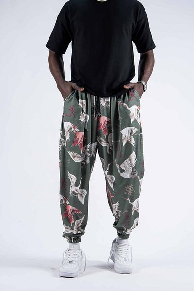 Superbluemexico Men's Loose Green Jogger Pants with Elastic Waist